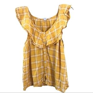 Old Navy Yellow Plaid ruffled button down sleeveless swing shirt Size Medium